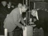 Beacon Congregational Church: G.J.Abell Esquire, J.P. laying the foundation stone of the Beacon Congregational Church Hall School Room, Littleham Cross, on Jan 5th 1955